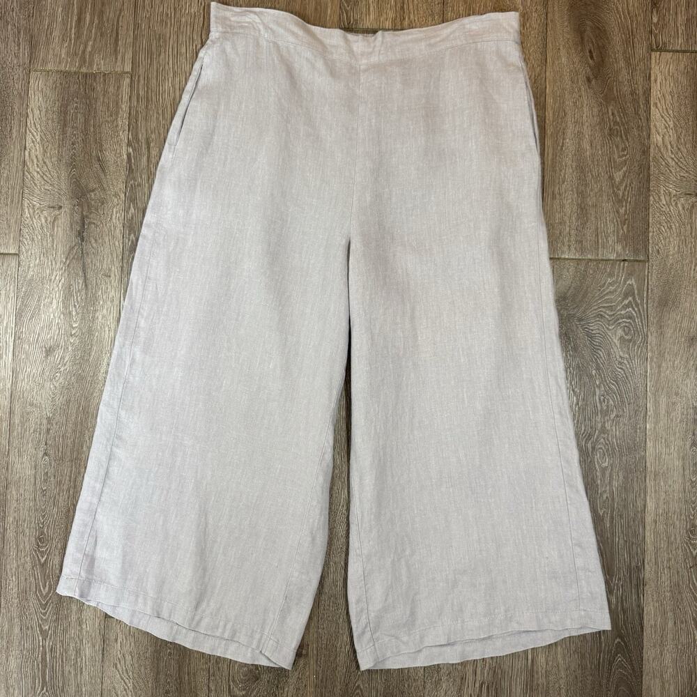 Flax Linen Wide Leg Pull On Lagenlook Minimalist Pants Sz L light lavender/lilac